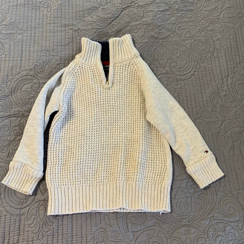 Tommy Hilfiger Toddler 2T Half‑Zip Sweater – Gray Waffle Knit, Cotton Blend